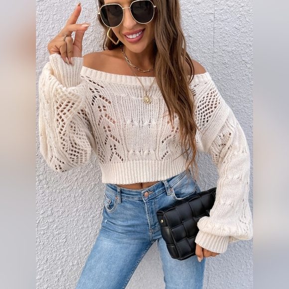 Off The Shoulder Pointelle Knit Crop Sweater
